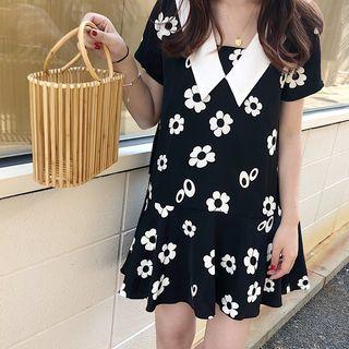 Flower Print Short-sleeve Collared Dress As Shown In Figure - One Size