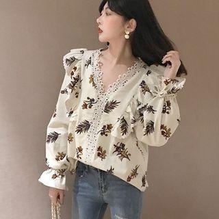V-neck Floral Print Blouse Almond White - One Size