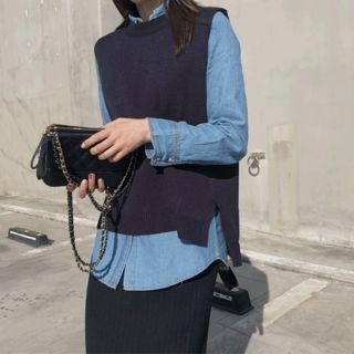 Slashed Tie-back Knit Vest Navy Blue - One Size