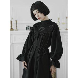 Long-sleeve Embroidered Midi A-line Dress As Shown In Figure - One Size