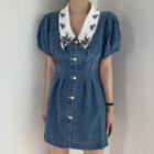 Short-sleeve Button Mini A-line Denim Dress Denim Blue - One Size