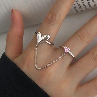 Chained Heart Rhinestone Alloy Double Open Ring J3074 - Pink & Silver - One Size