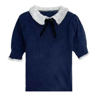 Puff-sleeve Contrast Collar Knit Top Dark Blue - One Size