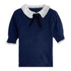 Puff-sleeve Contrast Collar Knit Top Dark Blue - One Size