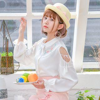 Embroidered Open Shoulder Long-sleeve Chiffon Blouse