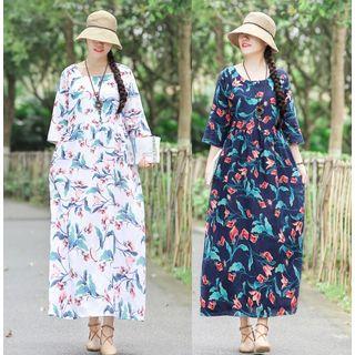 Flower Print 3/4-sleeve Maxi Shift Dress