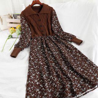 Long-sleeve Knit Panel Floral Print Midi Dress