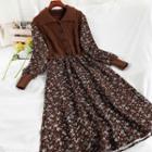 Long-sleeve Knit Panel Floral Print Midi Dress