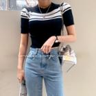 Puff-sleeve Piped Cropped Knit Top