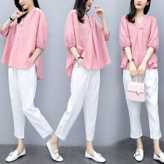 Set: Elbow-sleeve Blouse + Cropped Tapered Pants