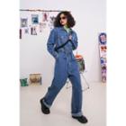 Long-sleeve Straight Leg Denim Cargo Jumpsuit