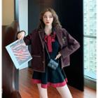 Long-sleeve Striped Blazer / Long-sleeve Color Block Tie-neck Dress