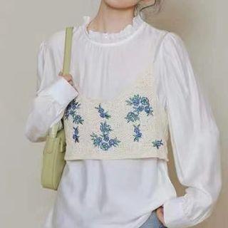 Puff-sleeve Blouse / Floral Embroidered Crochet Lace Camisole Top
