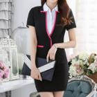 Set: Short-sleeve Contrast Trim Blazer + Fitted Skirt