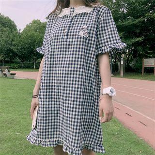 Embroidered Ruffle Trim Short-sleeve Shift Dress