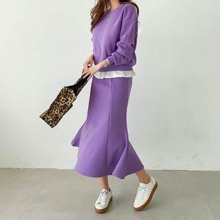 Set: Layered-hem Sweatshirt + Napped Mermaid Skirt