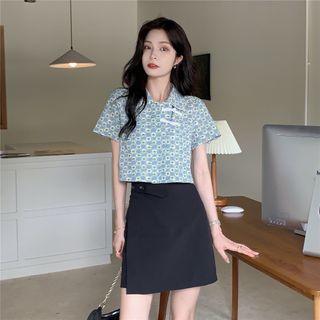 Floral Frog-button Cropped Blouse / Mini A-line Skirt