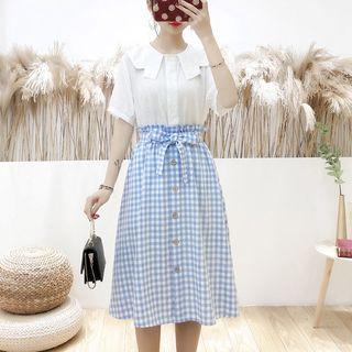 Bow-accent Gingham Midi A-line Skirt