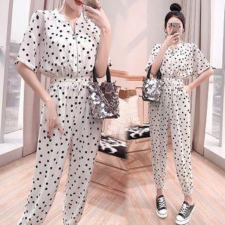 Short-sleeve Dotted Zip-up Jumpsuit