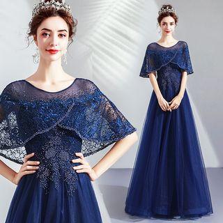 Faux Pearl Elbow-sleeve A-line Evening Gown