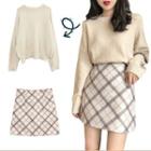 Set: Plain Sweater + Mini Plaid A-line Skirt
