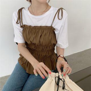 Spaghetti Strap Shirred Top Coffee - One Size