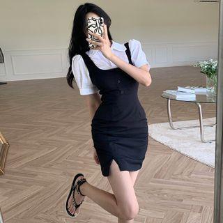 Puff-sleeve Light Polo Shirt / U-neck Slited Mini Dress
