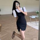 Puff-sleeve Light Polo Shirt / U-neck Slited Mini Dress
