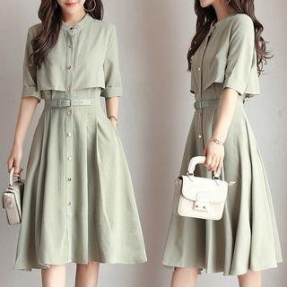 Elbow-sleeve / Short-sleeve A-line Midi Shirt Dress