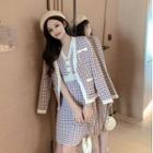 Set: V-neck Houndstooth Knit Dress + Cardigan