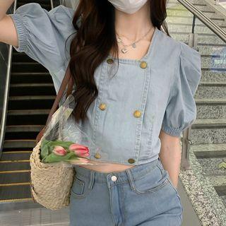 Puff-sleeve Double-breasted Denim Blouse