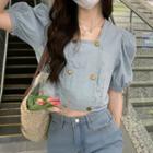 Puff-sleeve Double-breasted Denim Blouse