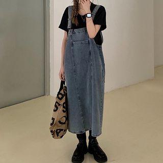 Washed Denim Midi A-line Overall Dress
