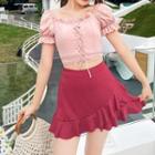 Set: Short-sleeve Lace Up Tankini Top + Swim Skirt
