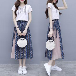 Set: Embroidered Short-sleeve T-shirt + Printed Midi A-line Skirt