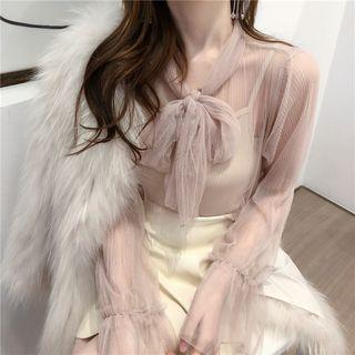 Set: Mesh Tie-neck Long-sleeve Top + Camisole Top