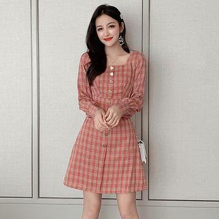 Square-neck Long-sleeve Plaid A-line Dress