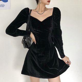Long-sleeve V-neck Mini A-line Velour Dress