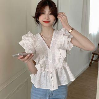 Ruffled Trim Blouse White - One Size