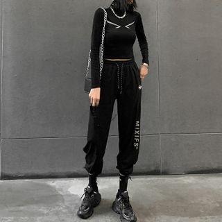 Lettering High-waist Jogger Pants / Long-sleeve Top / Set