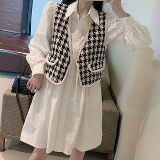 Houndstooth Vest / Plain Mini A-line Shirtdress