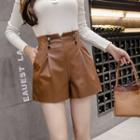 High-waist Faux Leather Button Shorts