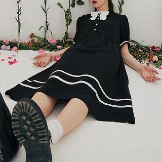 Set: Short-sleeve Sailor Collar Midi A-line Dress + Bow Tie