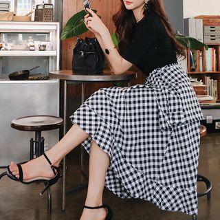 Mock Two-piece Short-sleeve Gingham Paneled A-line Midi Skirt