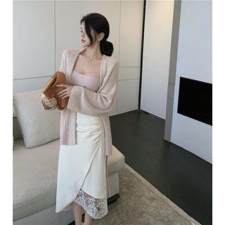 Tie-strap Cardigan / Camisole Top / Lace Panel Midi Pencil Skirt