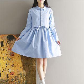 Bow Accent Long Sleeve Collared Dress
