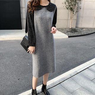 Set: Long-sleeve Floral-print Blouse + Knit Tank Dress