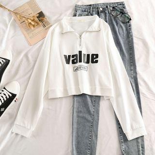 Half-zip Lettering Cropped Print Top
