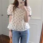 Puff-sleeve Heart Print Blouse White - One Size