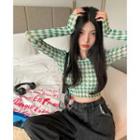 Long-sleeve Argyle Cropped Top Green - One Size